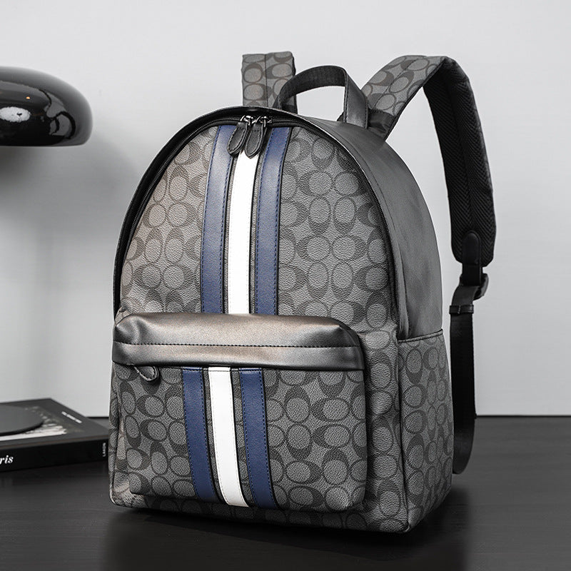 Patterned Backpack with Contrast Stripe, Front Zip Pocket, and Padded Shoulder Straps