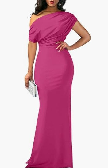 Women's One-Shoulder Draped Fitted Floor-Length Evening Dress