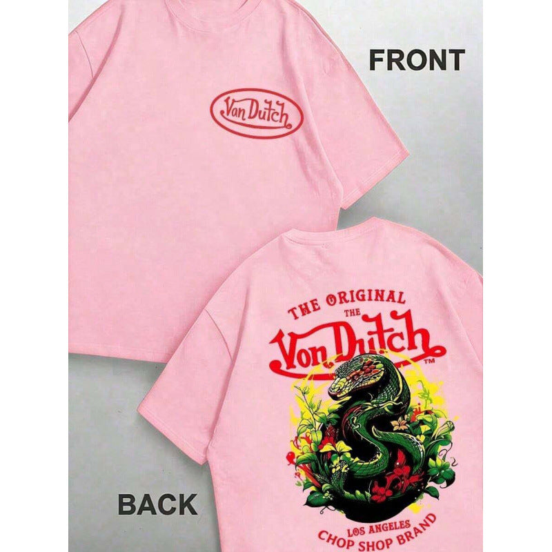 Crew Neck Short Sleeve Graphic T-Shirt with Back Snake Print