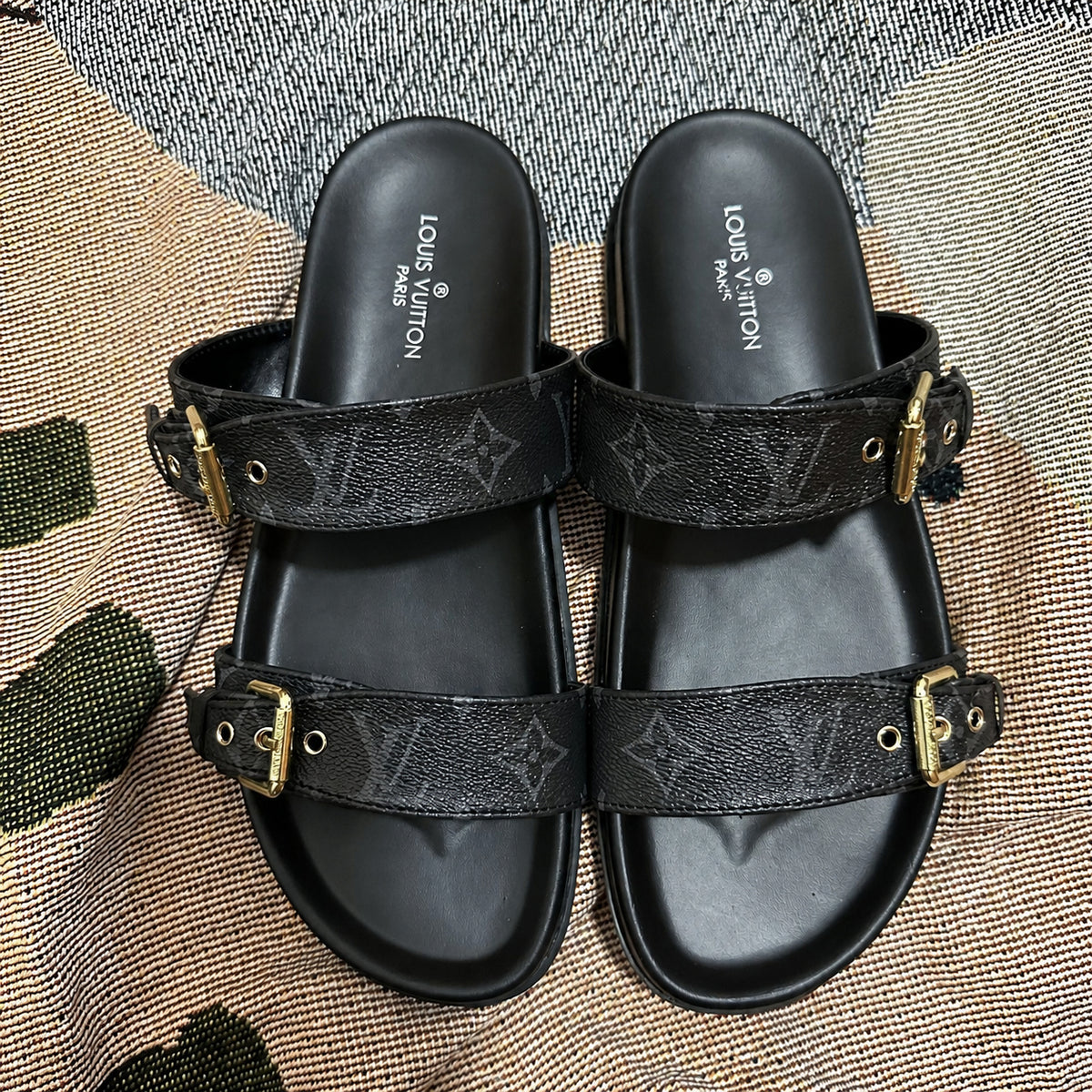 Double Buckle Two Strap Slide Sandals
