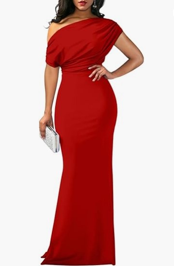 Women's One-Shoulder Draped Fitted Floor-Length Evening Dress
