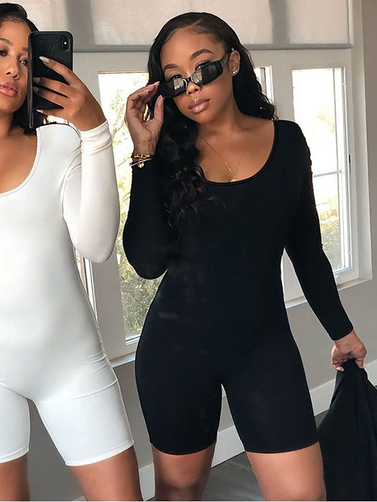 Women's Long Sleeve Scoop Neck Shorts Bodysuit