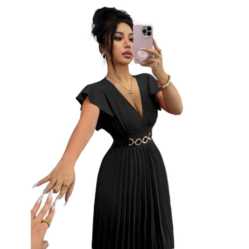 Women's V-Neck Flutter Sleeve Pleated Maxi Dress with Waist Belt