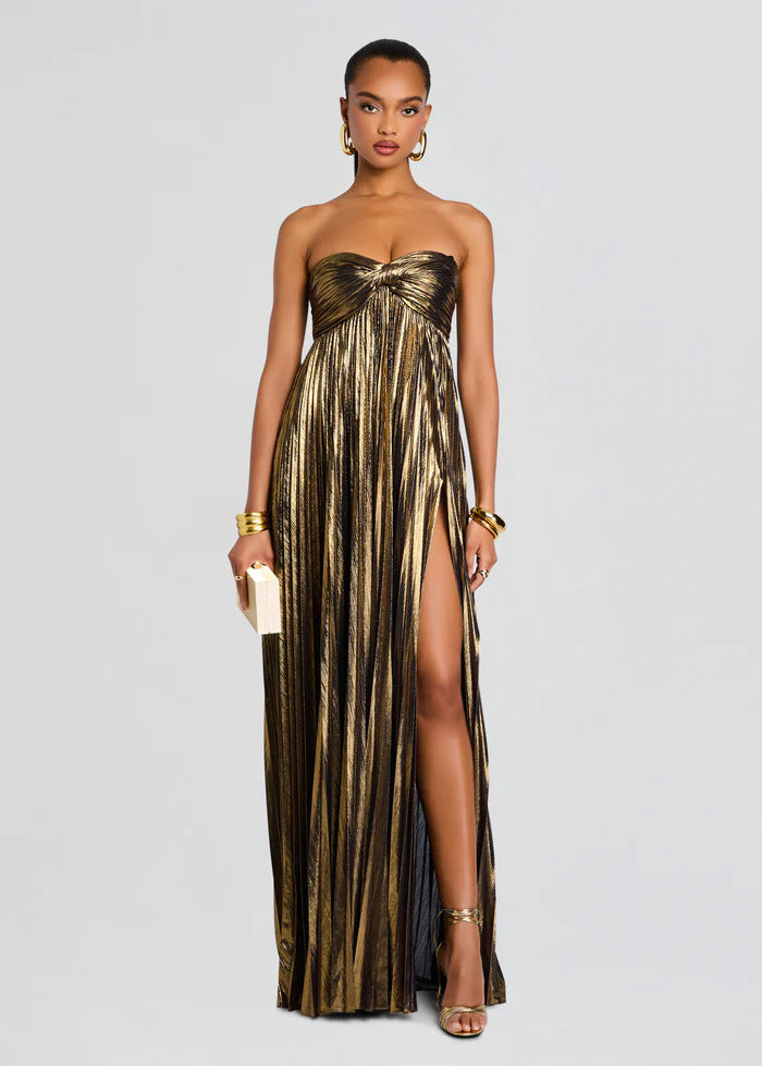 Strapless Pleated Evening Gown with Twist Front and High Side Slit