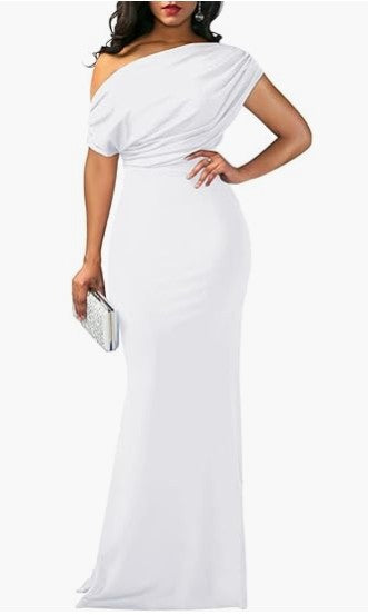 Women's One-Shoulder Draped Fitted Floor-Length Evening Dress