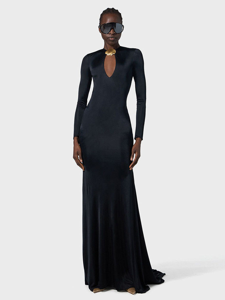 Women's Long Sleeve Backless Cutout Mermaid Evening Gown with Sweep Train
