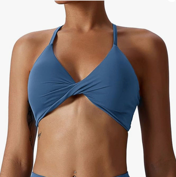 Women's Twist Front Halter Sports Bra with Strappy Open Back