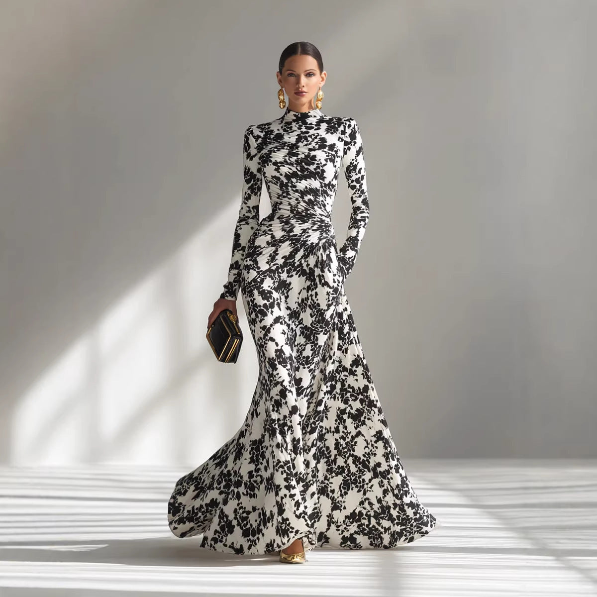 Floral Print High Neck Long Sleeve Mermaid Formal Maxi Dress