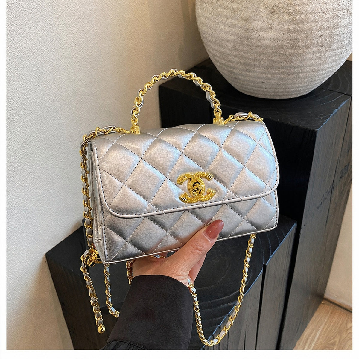 Quilted Flap Crossbody Bag with Chain Strap and Top Handle
