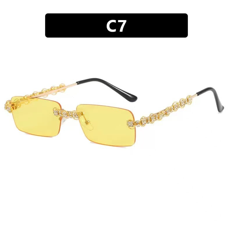 Rimless Square Sunglasses with Decorative Chain Side Detailing and UV400 Protection