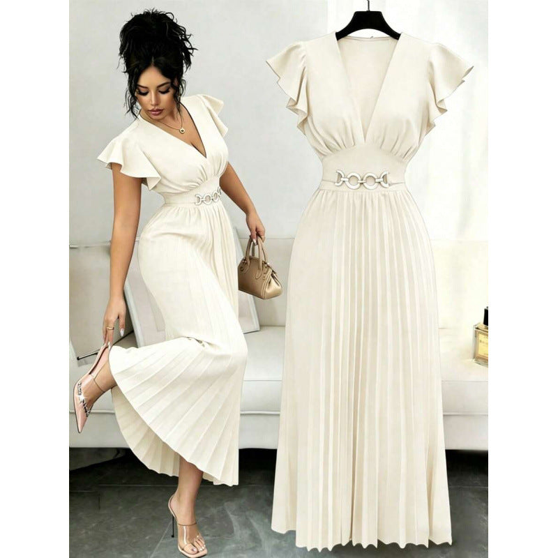 Women's V-Neck Flutter Sleeve Pleated Maxi Dress with Waist Belt