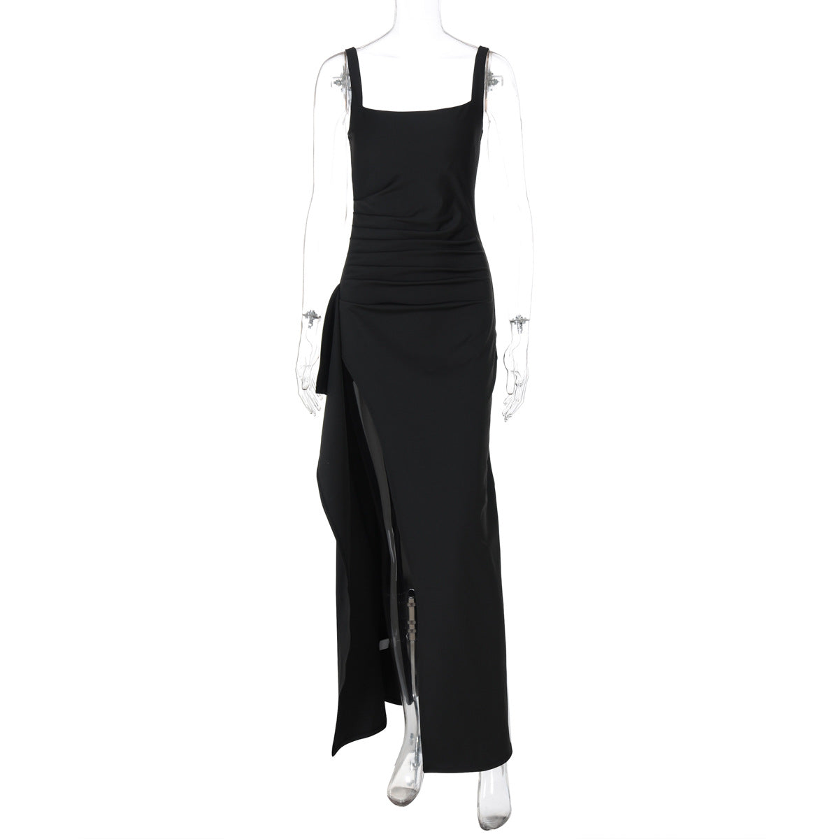 Women's Square Neck Ruched Maxi Dress with High Slit