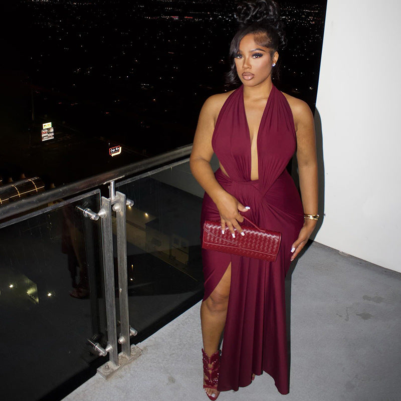 Bold Halter Maxi Dress With Deep V Cutout