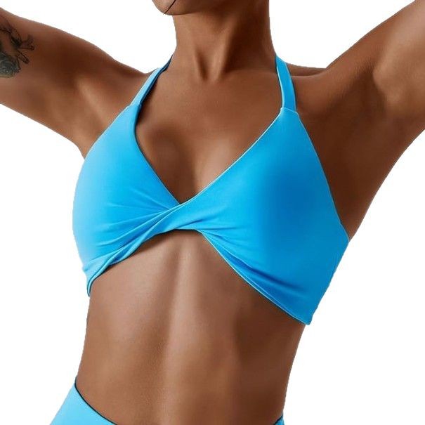 Women's Twist Front Halter Sports Bra with Strappy Open Back