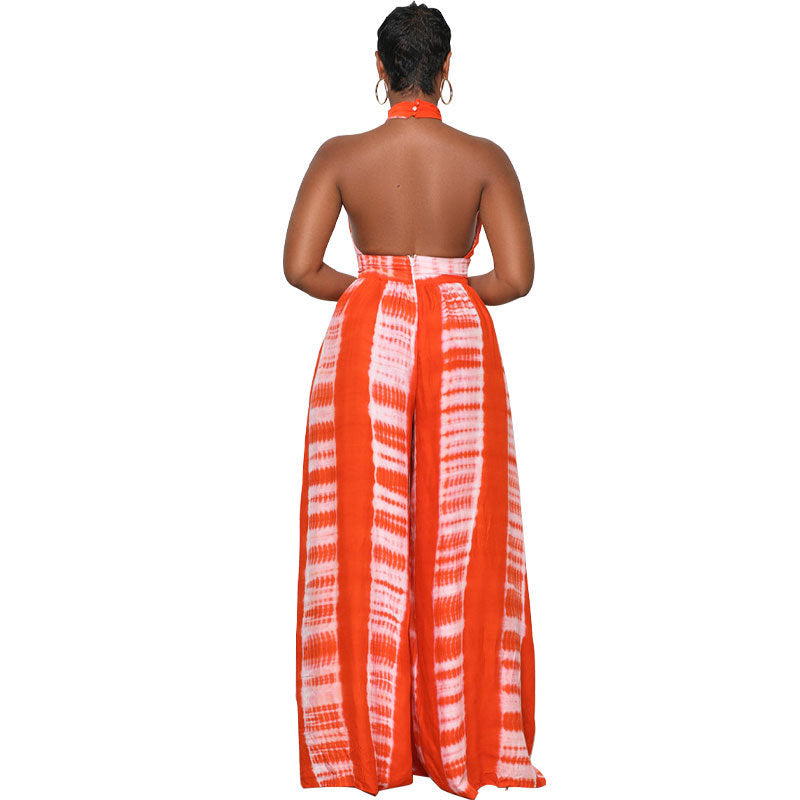 Women's Patterned Halter Neck Backless Floor-Length Wide-Leg Jumpsuit
