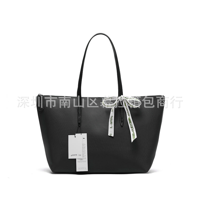 Textured Tote Bag with Bow Detail and Zip Top Closure