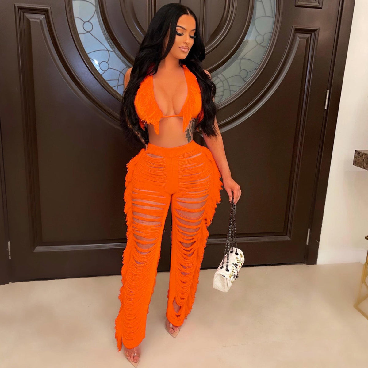 Women's Halter Crop Top and Cutout Wide-Leg Knit Pants Set with Fringe Detail