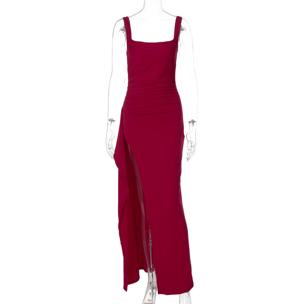 Women's Square Neck Ruched Maxi Dress with High Slit