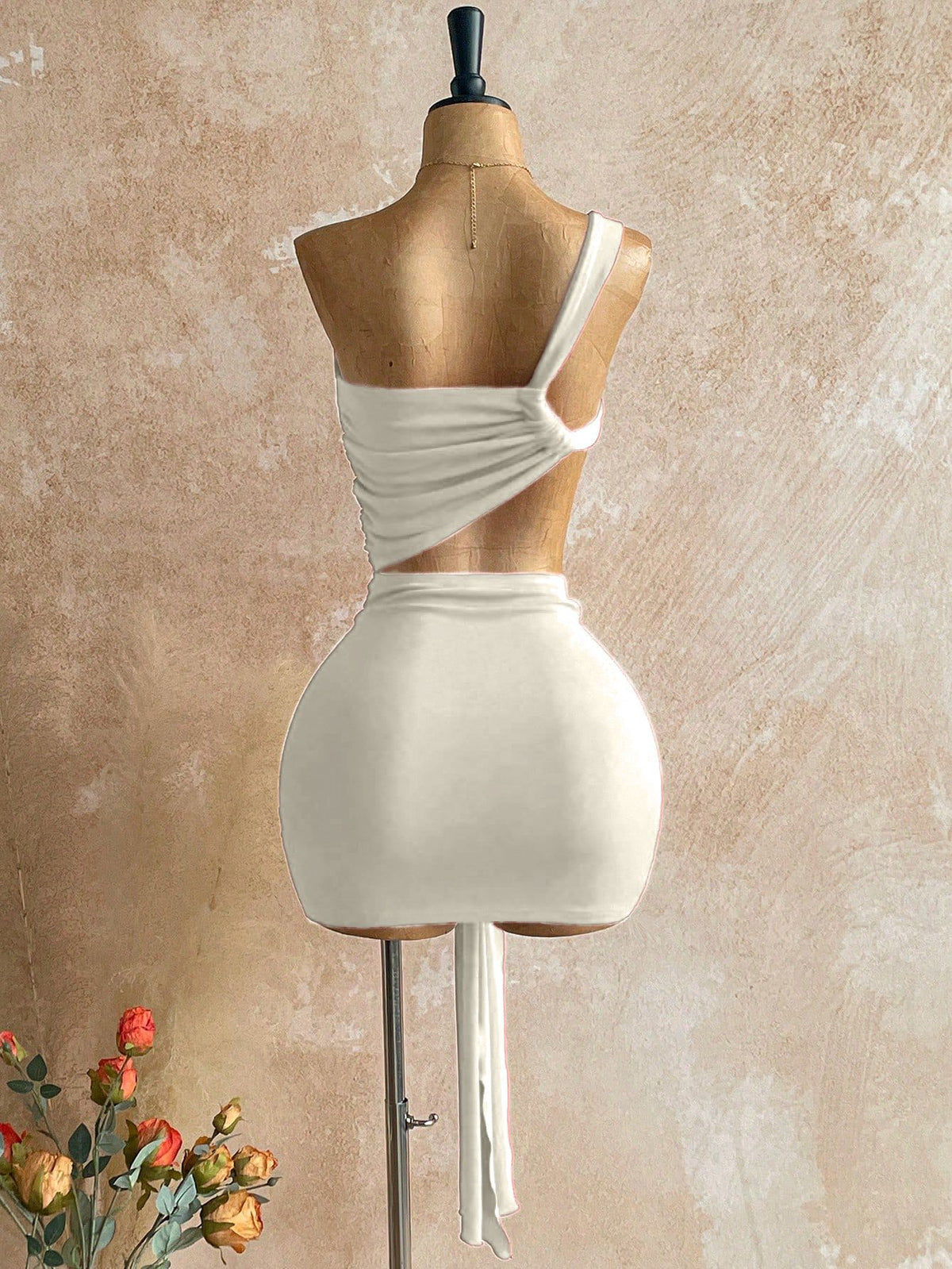 Cutout Ruched Two-Piece Crop Top and Mini Skirt Set with Long Tie Detail