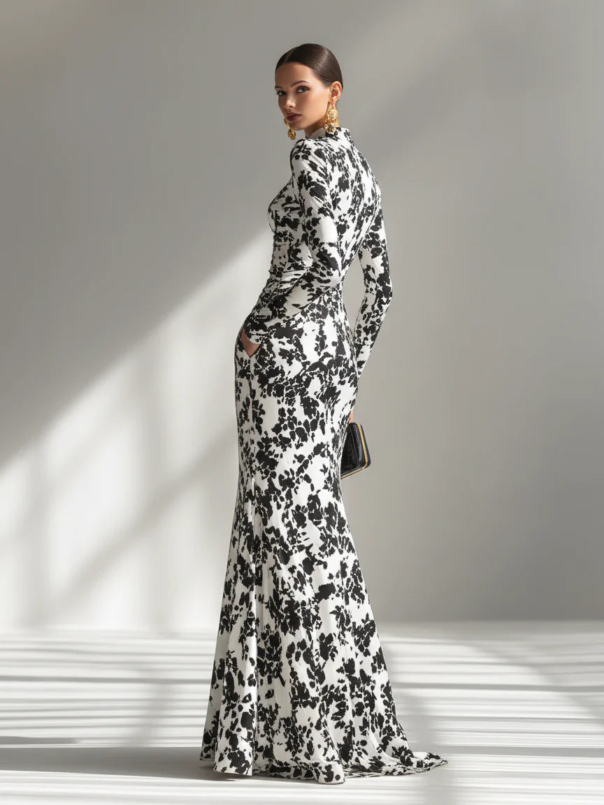 Floral Print High Neck Long Sleeve Mermaid Formal Maxi Dress