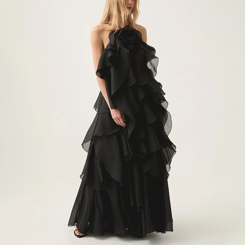 Women's Layered Ruffle Backless Halter Maxi Dress