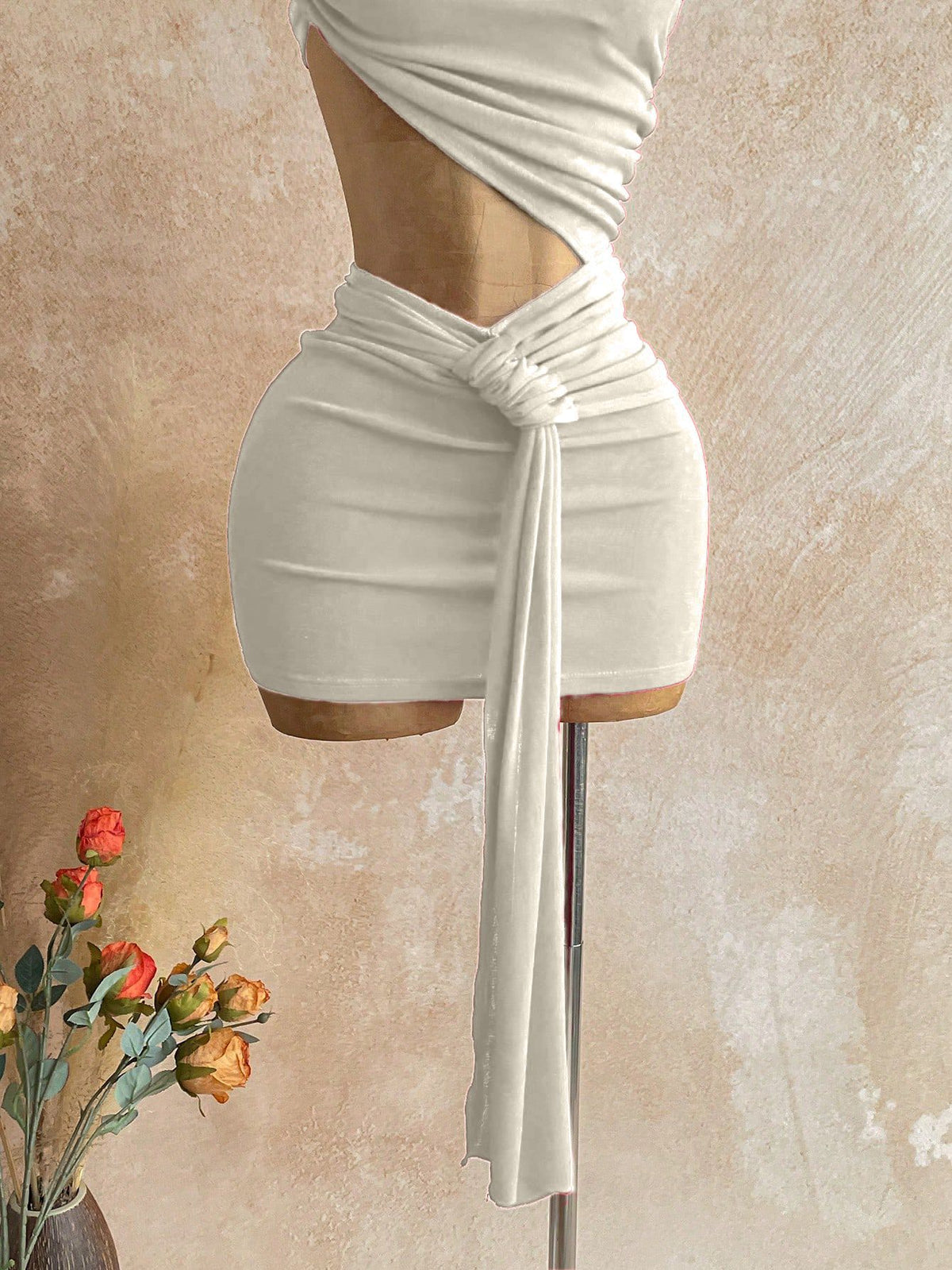 Cutout Ruched Two-Piece Crop Top and Mini Skirt Set with Long Tie Detail