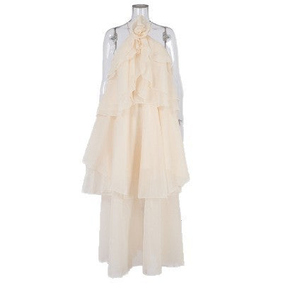 Women's Layered Ruffle Backless Halter Maxi Dress