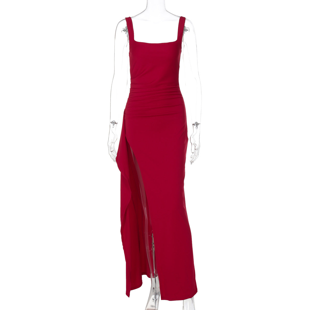 Women's Square Neck Ruched Maxi Dress with High Slit