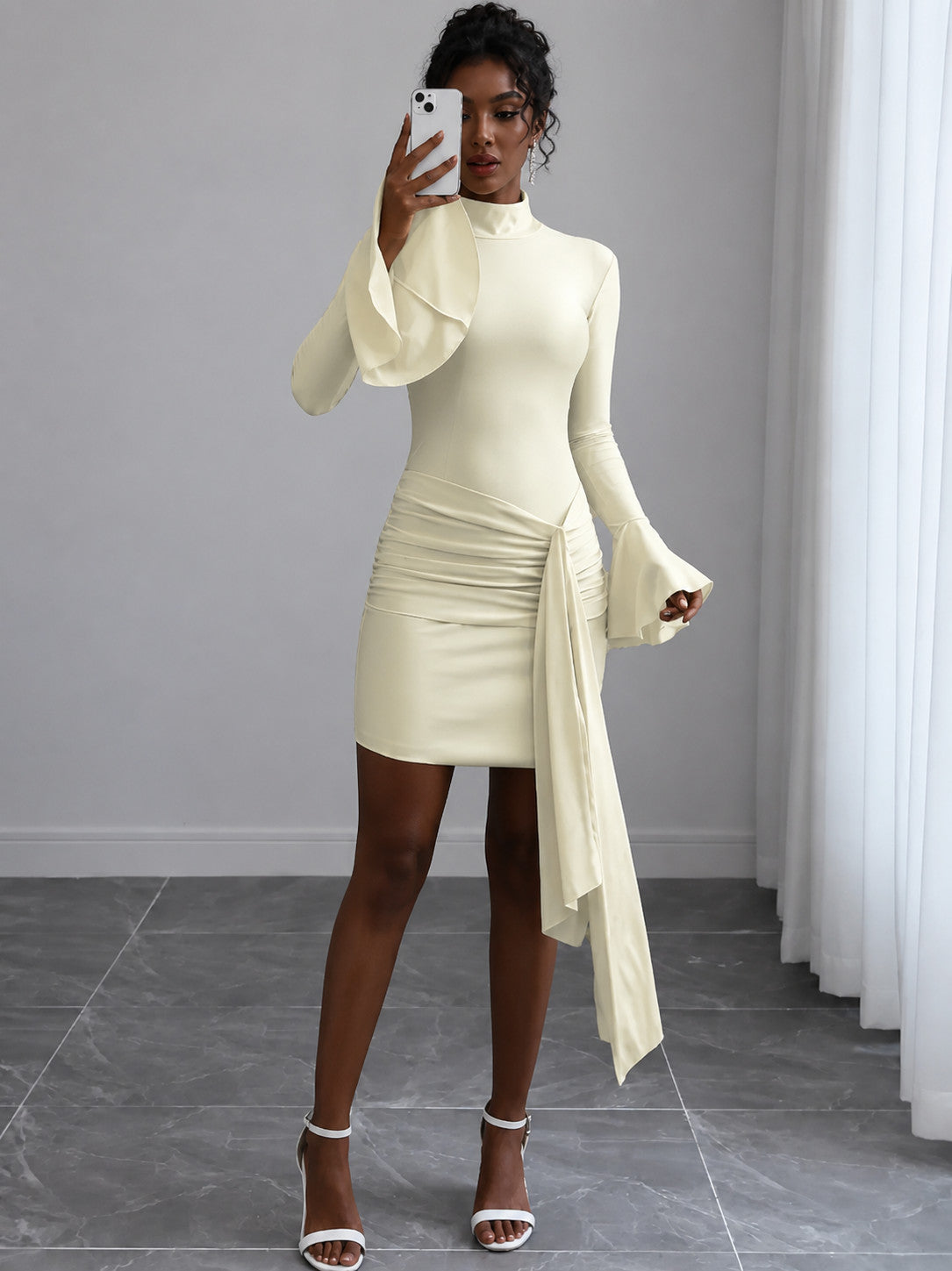 Women's Mock Neck Ruched Mini Dress with Draped Side Sash and Bell Sleeves