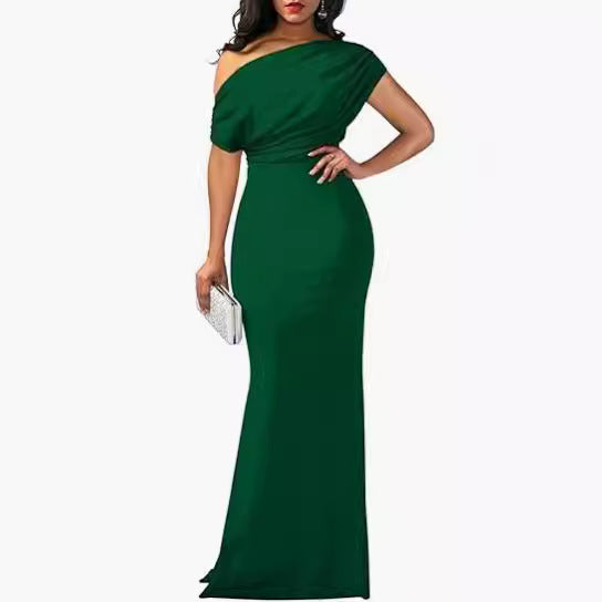 Women's One-Shoulder Draped Fitted Floor-Length Evening Dress