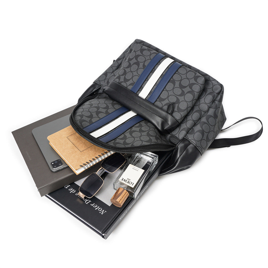 Patterned Backpack with Contrast Stripe, Front Zip Pocket, and Padded Shoulder Straps