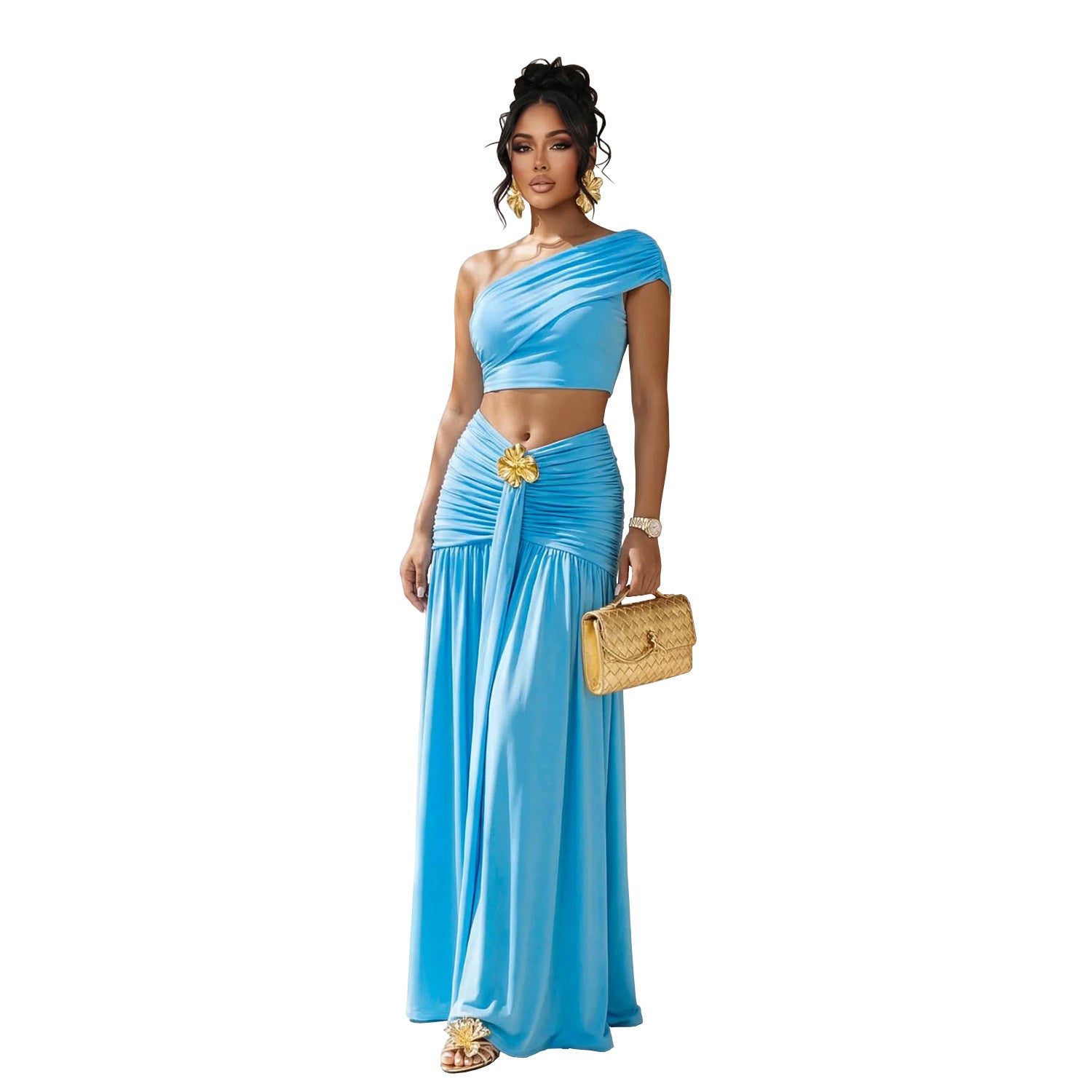 Chic Off Shoulder Crop Top Midi Skirt Set