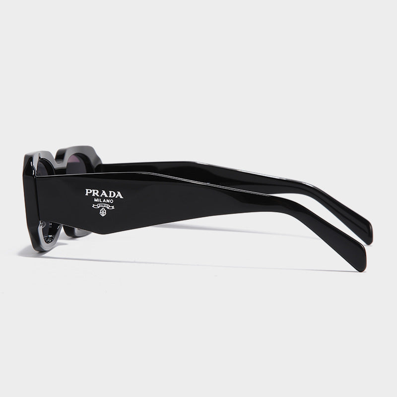 Black square frame sunglasses with Prada Milano logo on temple. HD UV400 lenses for driving and premium sun protection.