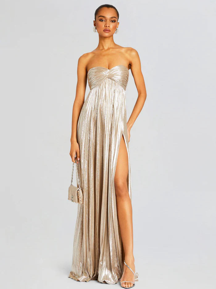Strapless Pleated Evening Gown with Twist Front and High Side Slit