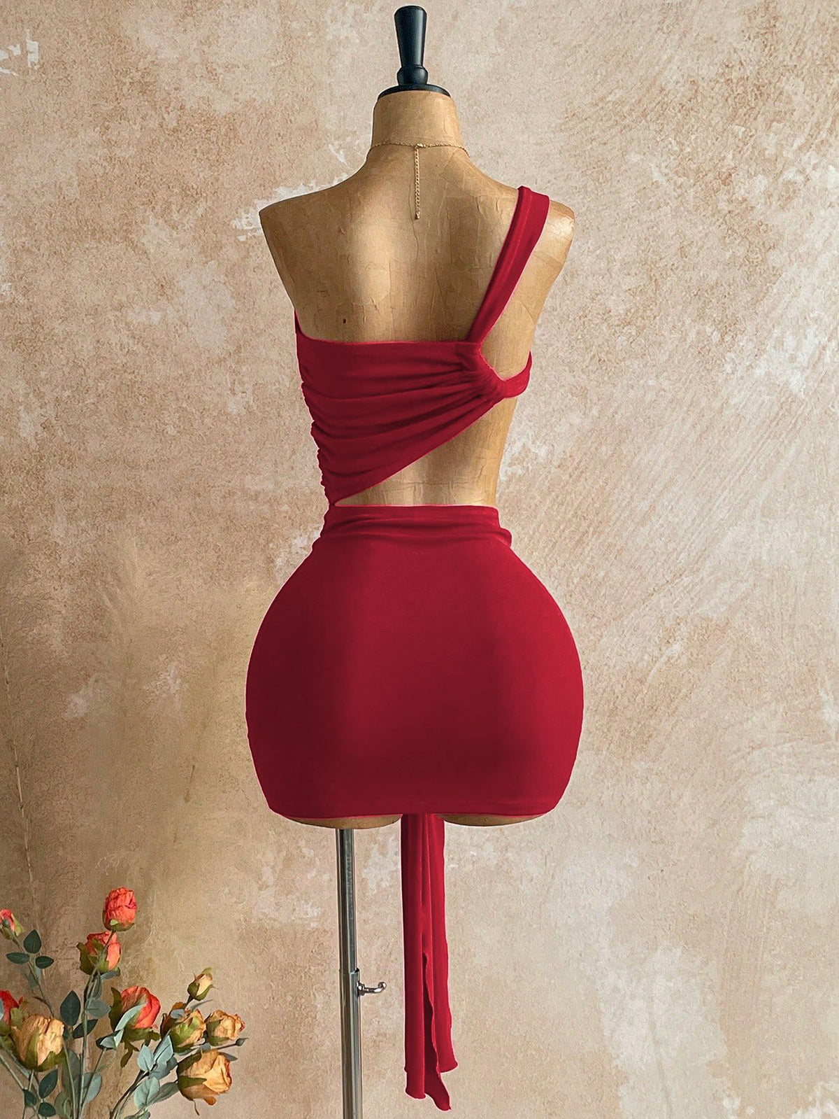 Cutout Ruched Two-Piece Crop Top and Mini Skirt Set with Long Tie Detail