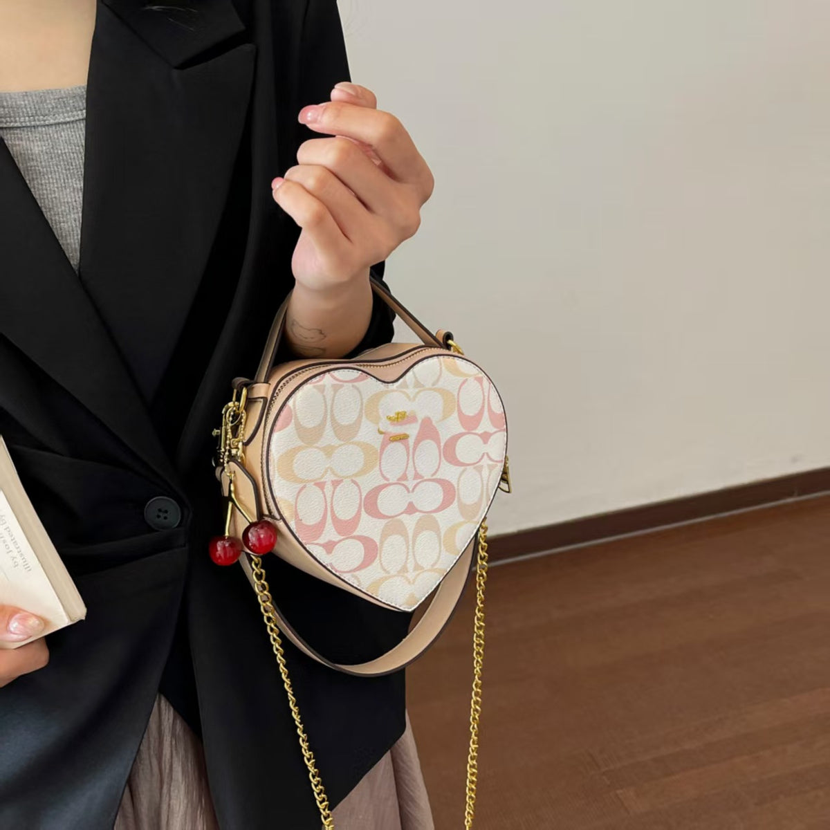 Heart-Shaped Patterned Crossbody Bag with Top Handle, Chain Strap, and Cherry Charm