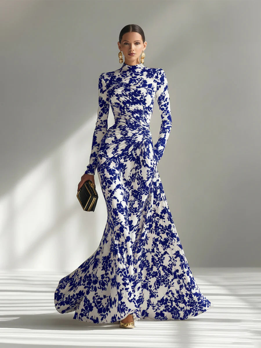 Floral Print High Neck Long Sleeve Mermaid Formal Maxi Dress