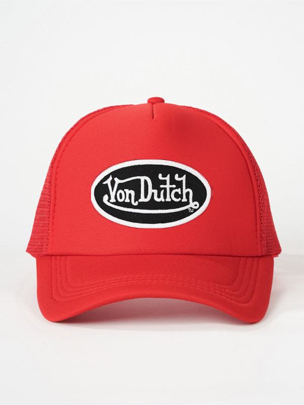 Adjustable Trucker Cap with Embroidered Graphic and Curved Brim