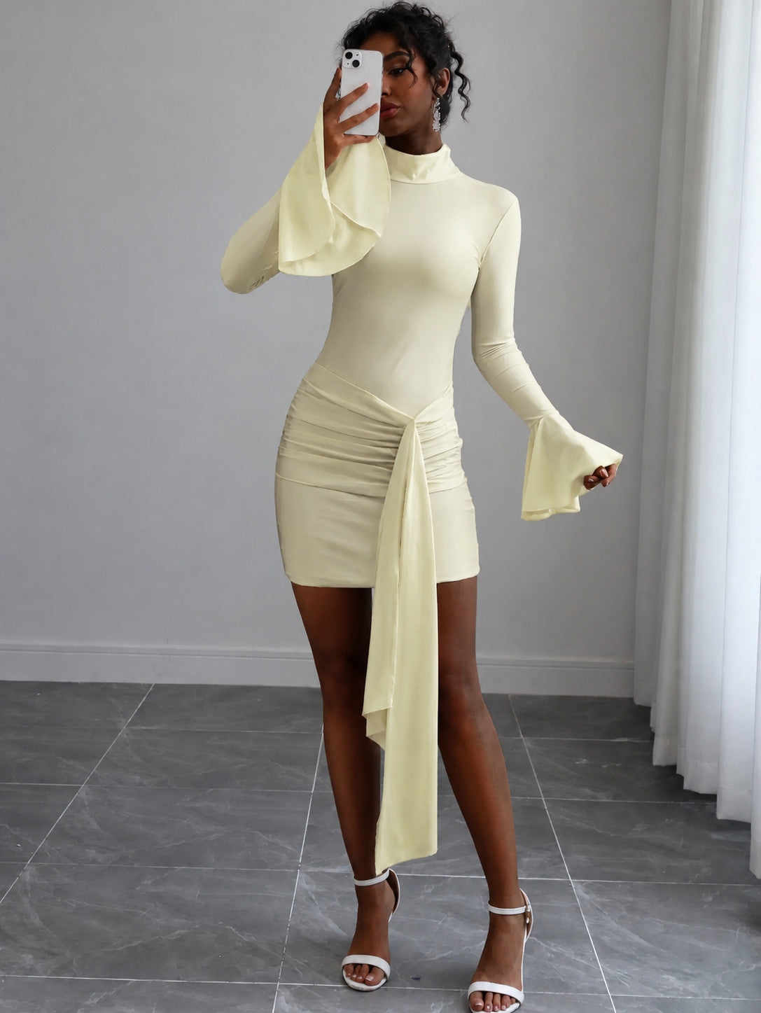 Women's Mock Neck Ruched Mini Dress with Draped Side Sash and Bell Sleeves