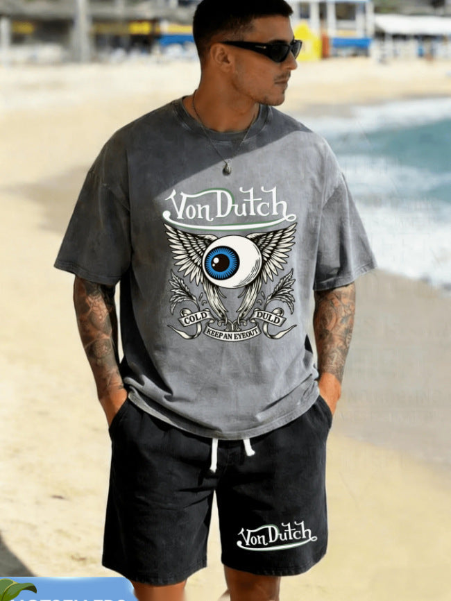 Men's Graphic Crew Neck T-Shirt and Drawstring Shorts Set