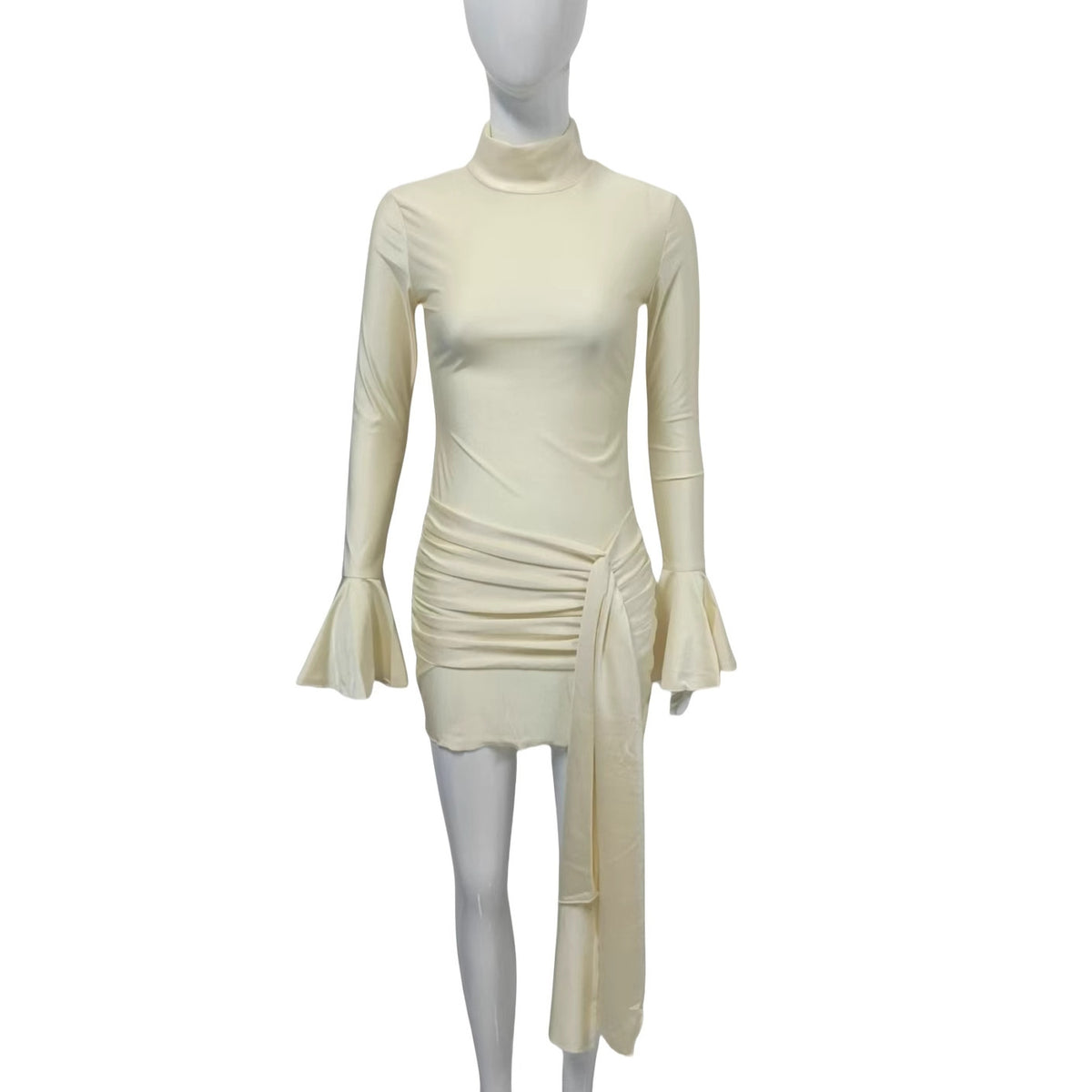 Women's Mock Neck Ruched Mini Dress with Draped Side Sash and Bell Sleeves