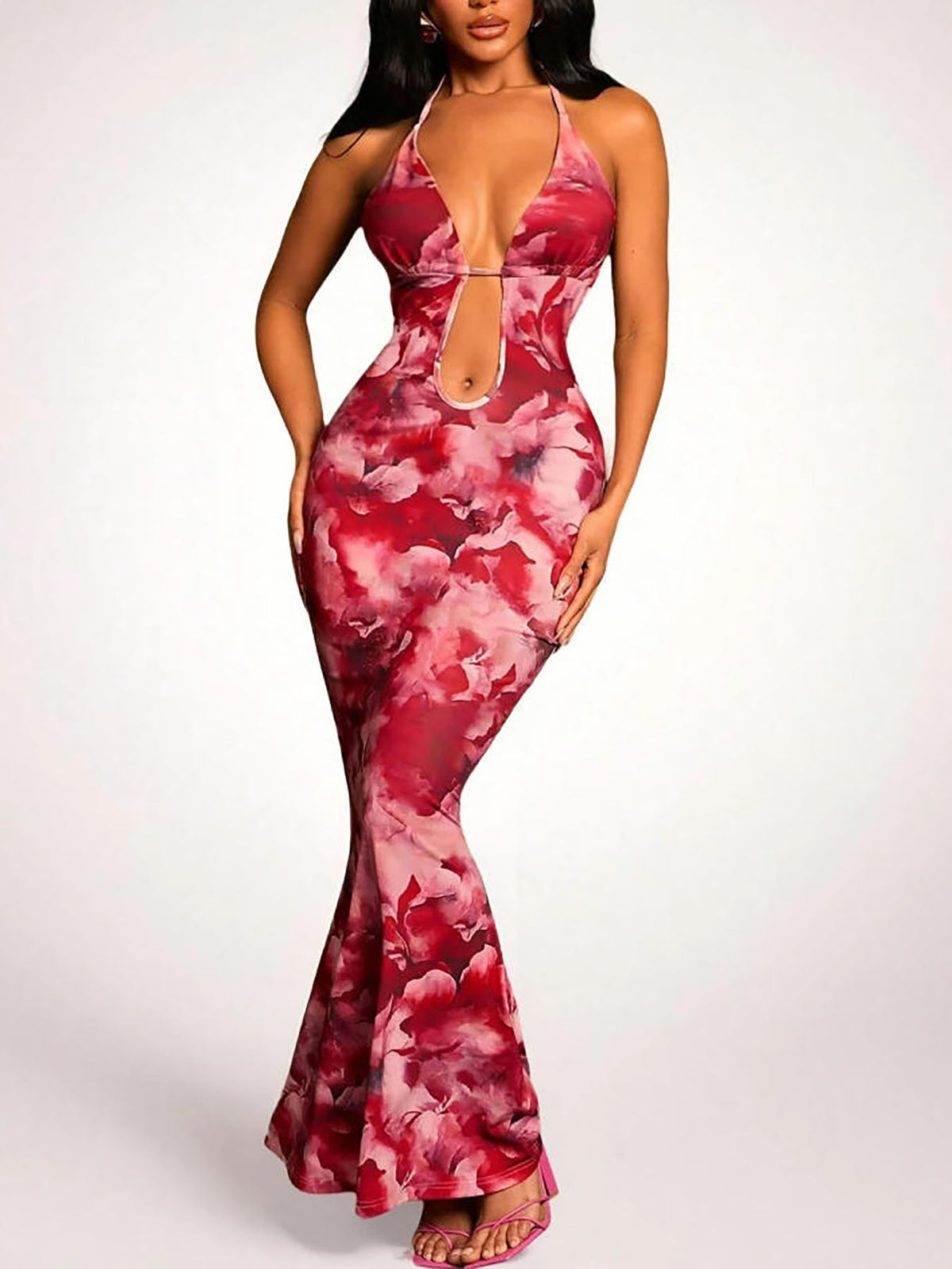 Women's Halter Neck Backless Cutout Maxi Dress with Tie-Back and Abstract Print