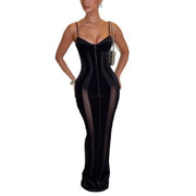 Women's Fitted Sweetheart Neck Maxi Dress with Spaghetti Straps and Sheer Side Panels