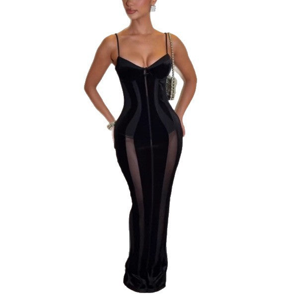 Women's Fitted Sweetheart Neck Maxi Dress with Spaghetti Straps and Sheer Side Panels