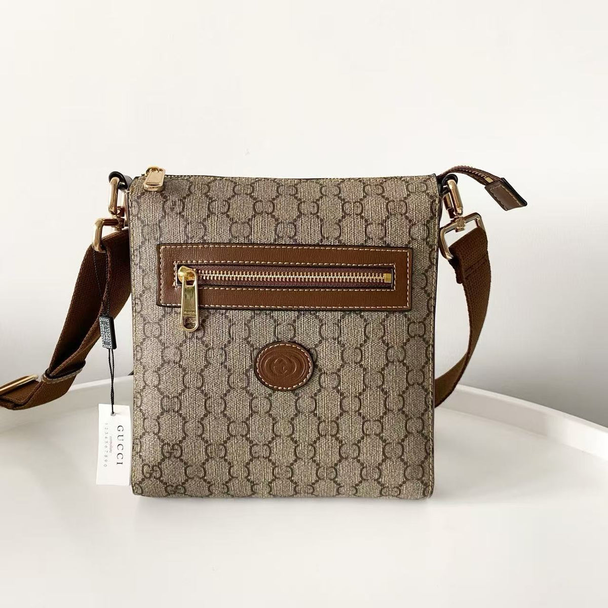 Patterned Rectangular Crossbody Bag with Front Zip Pocket and Adjustable Strap