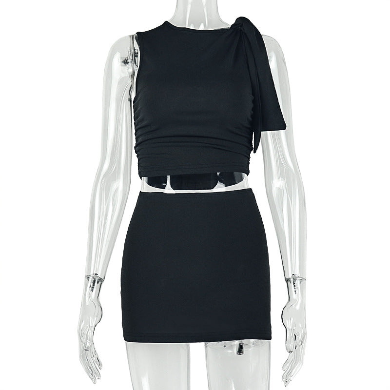 Women's Tie-Shoulder Crop Top and Ruched Mini Skirt Two-Piece Set