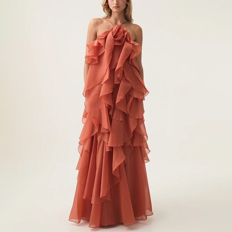 Women's Layered Ruffle Backless Halter Maxi Dress