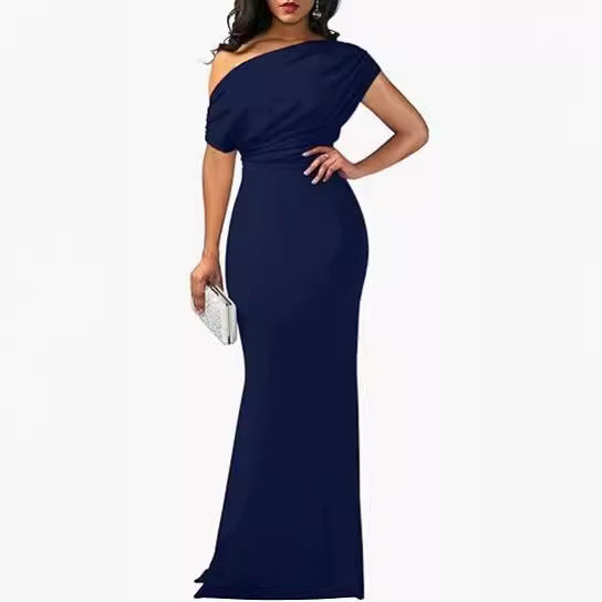 Women's One-Shoulder Draped Fitted Floor-Length Evening Dress