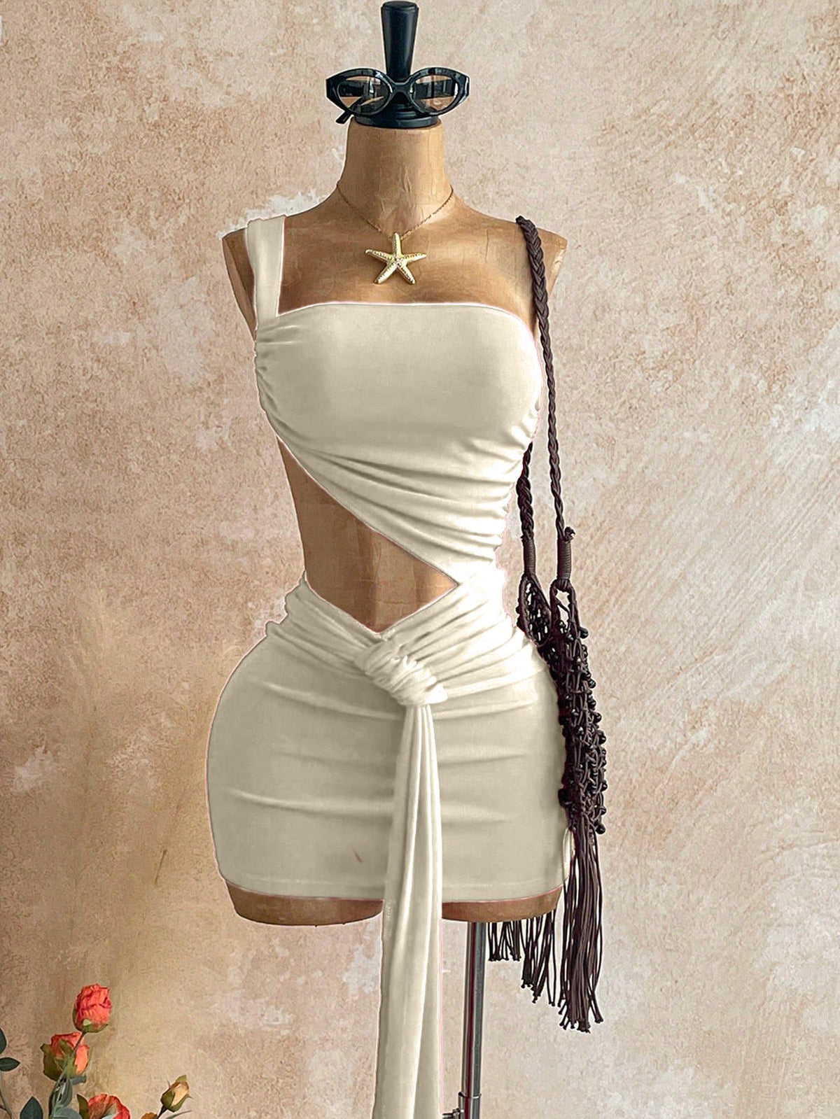 Cutout Ruched Two-Piece Crop Top and Mini Skirt Set with Long Tie Detail