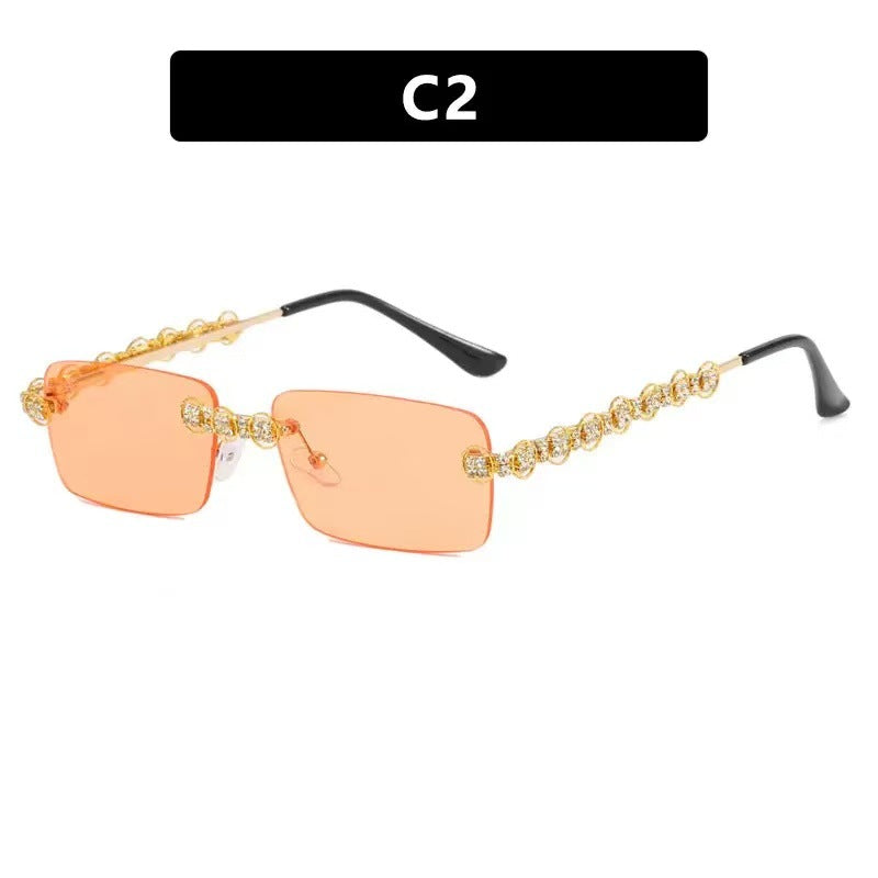Rimless Square Sunglasses with Decorative Chain Side Detailing and UV400 Protection
